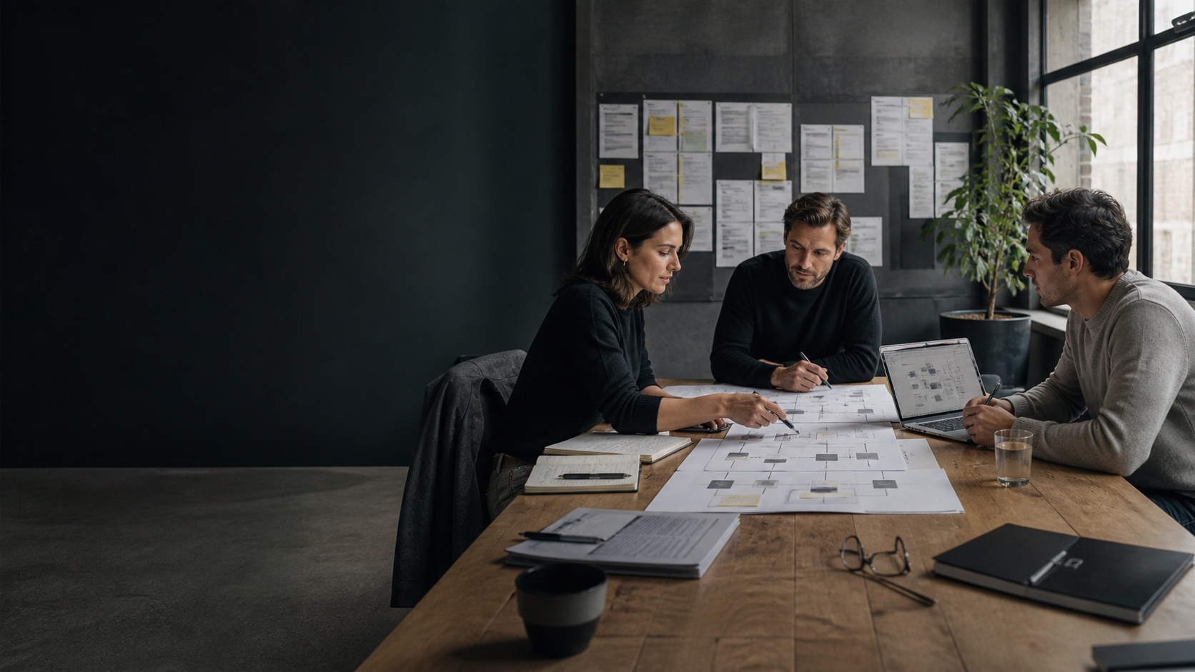 A professional team mapping a business workflow around a table